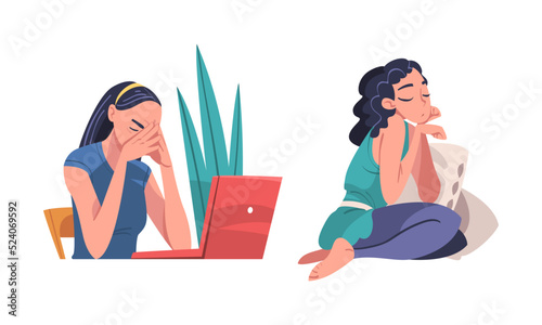 Set of tired, sleepy, exhausted girls cartoon vector illustration