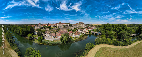 Aerial view above the beautiful village of Pesmes, one of the plus beaux villages de France
