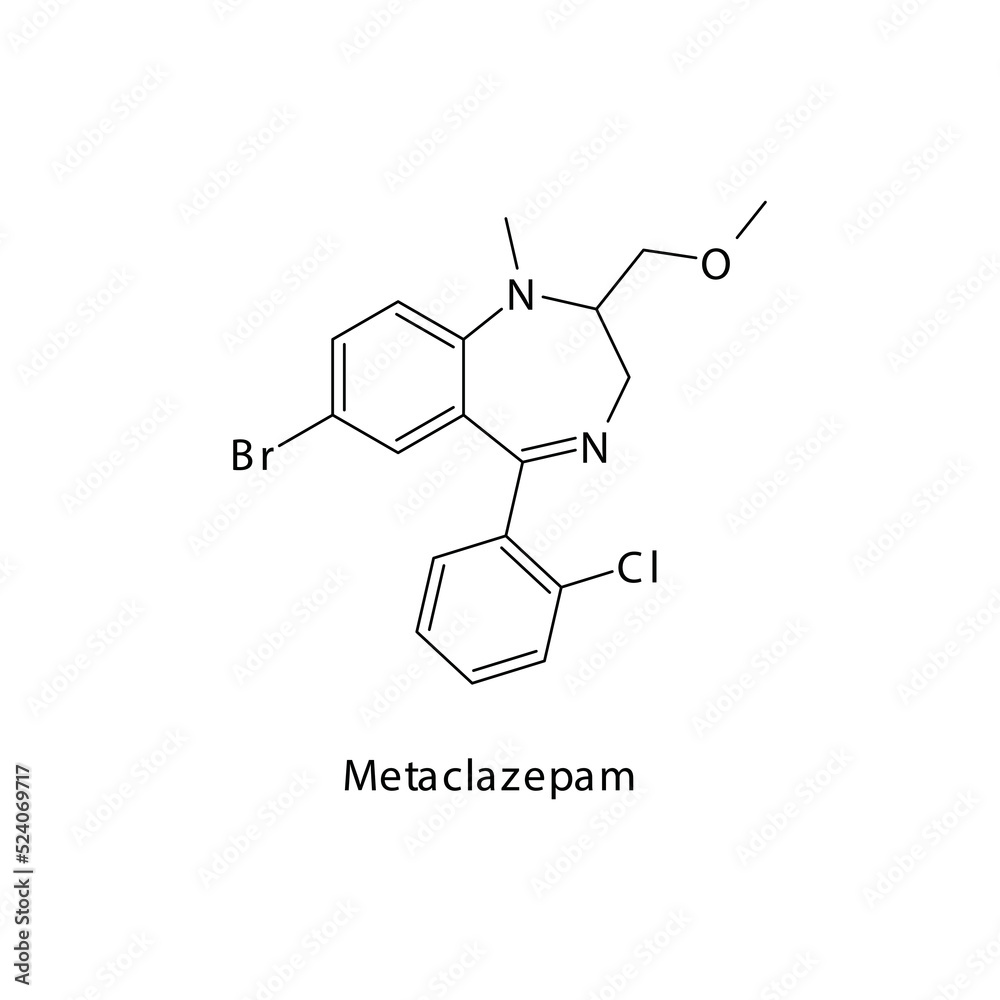 Metaclazepam molecule flat skeletal structure, Benzodiazepine class drug used as Anxiolytic, anticonvulsant, sedative, hypnotic agent. Vector illustration on white background.