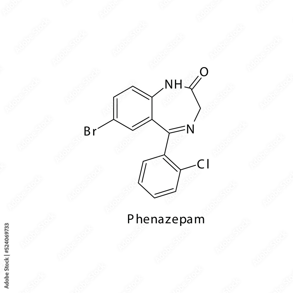 Phenazepam molecule flat skeletal structure, Benzodiazepine class drug used as Anxiolytic agent. Vector illustration on white background.