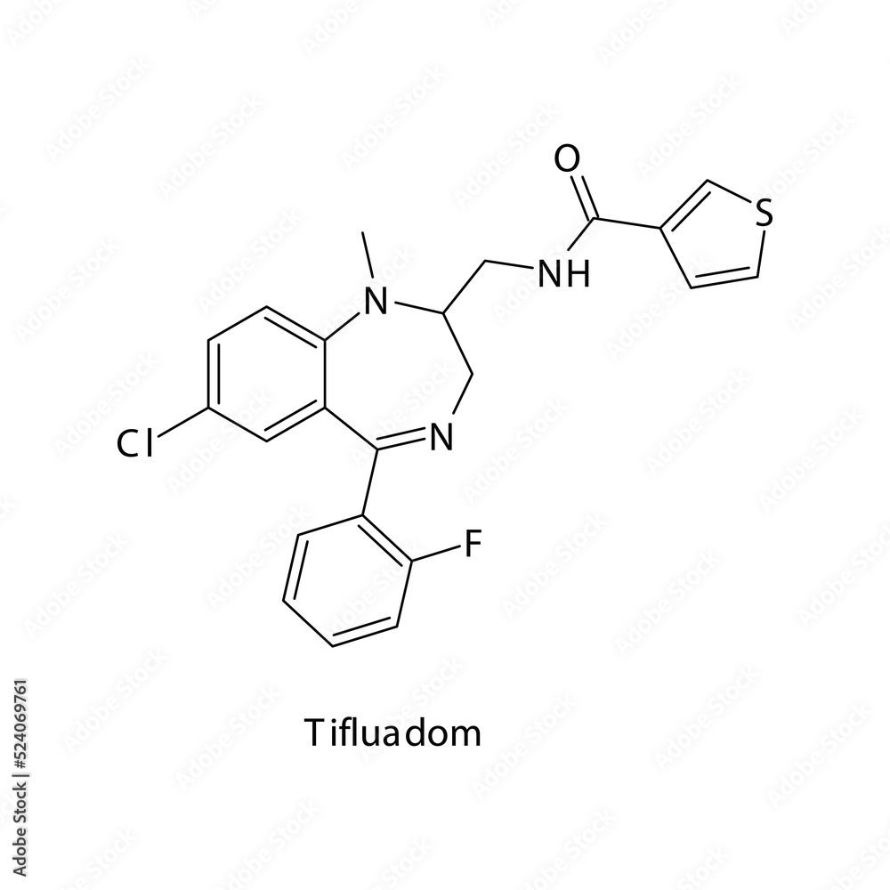 Tifluadom molecule flat skeletal structure, Benzodiazepine class drug used as Sedative, hypnotic agent. Vector illustration on white background. Tifluadom molecule flat skeletal structure, Benzodiazepine class drug used as Sedative, hypnotic agent. Vector illustration on white background.