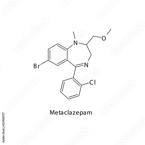 Metaclazepam molecule flat skeletal structure, Benzodiazepine class drug used as Anxiolytic, anticonvulsant, sedative, hypnotic agent. Vector illustration on white background.