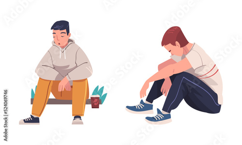 Set of tired, sleepy, exhausted young men cartoon vector illustration