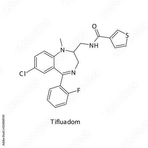 Tifluadom molecule flat skeletal structure, Benzodiazepine class drug used as Sedative, hypnotic agent. Vector illustration on white background.