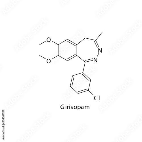 Girisopam molecule flat skeletal structure, Benzodiazepine class drug used as Anxiolytic, anticonvulsant, sedative, hypnotic agent. Vector illustration on white background.