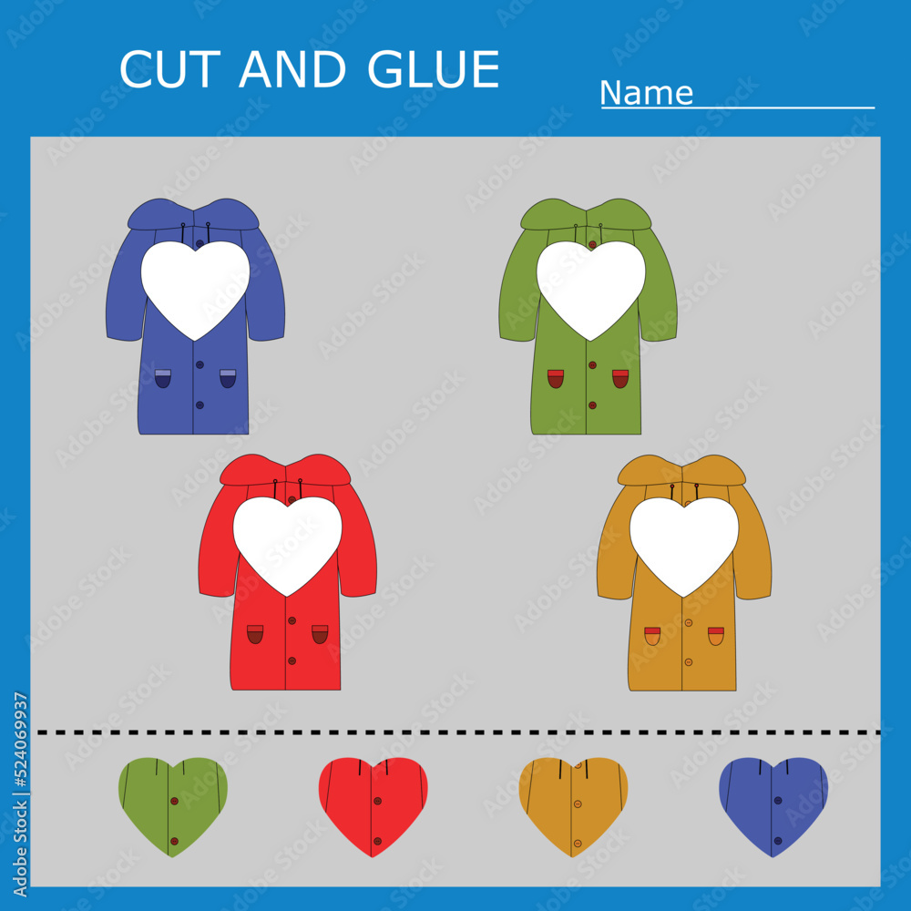 worksheet vector design, the task is to cut and glue a piece on   colorful  raincoats.  Logic game for children.
