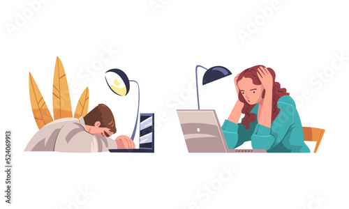 Set of tired, exhausted people. Sleepy office employees sitting at desk in front of laptop computer cartoon vector illustration