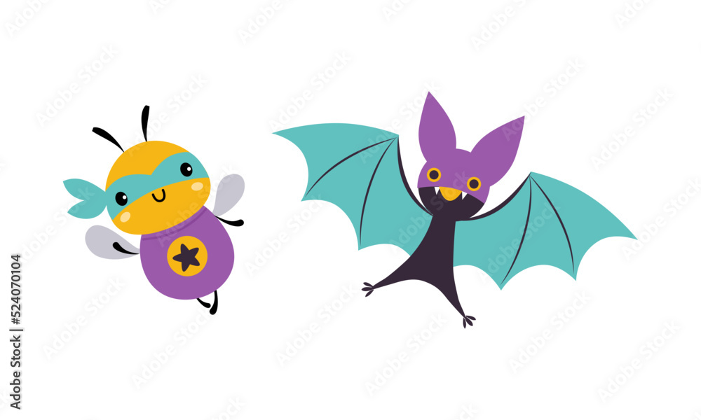 Superhero baby animals in capes and masks set. Cute little honey bee and bat dressed as superheroes cartoon vector illustration Superhero baby animals in capes and masks set. Cute little honey bee and bat dressed as superheroes cartoon vector illustration