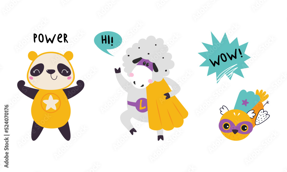 Superhero baby animals in capes and masks set. Cute little panda bear, sheep and bird dressed as superheroes cartoon vector illustration Superhero baby animals in capes and masks set. Cute little panda bear, sheep and bird dressed as superheroes cartoon vector illustration