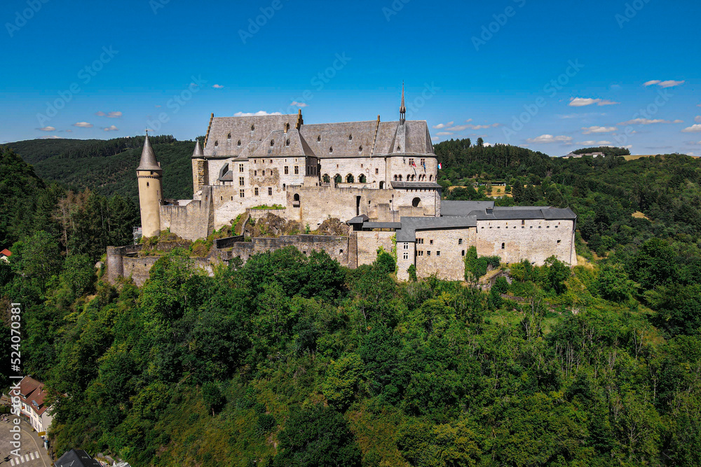 Aerial panoramic landscape view of the stunning beautiful Vianden castle in norther Luxembourg,  Ardennes