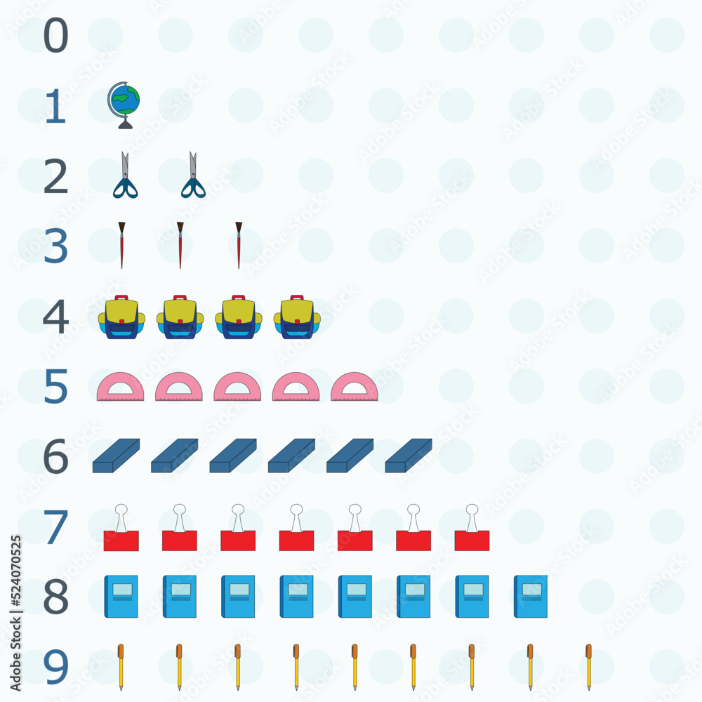 Numbers for children, from 1 to 10. Kids learning material. Card for learning numbers with school supplies. Number 1-10. Numbers for children, from 1 to 10. Kids learning material. Card for learning numbers with school supplies. Number 1-10.