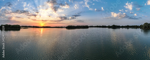 Photography Aerial view of Sunrise above Fen Drayton Lakes near Cambridge England