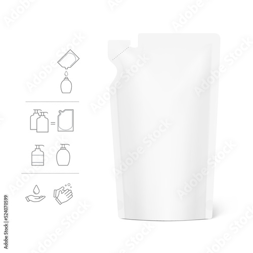 Pouch bag with torn curve corner. Vector illustration isolated on white background. Perfect for final pack shot. Can be use for refilling soap, liquids. The corner is easy to tear off by hand. EPS10.	