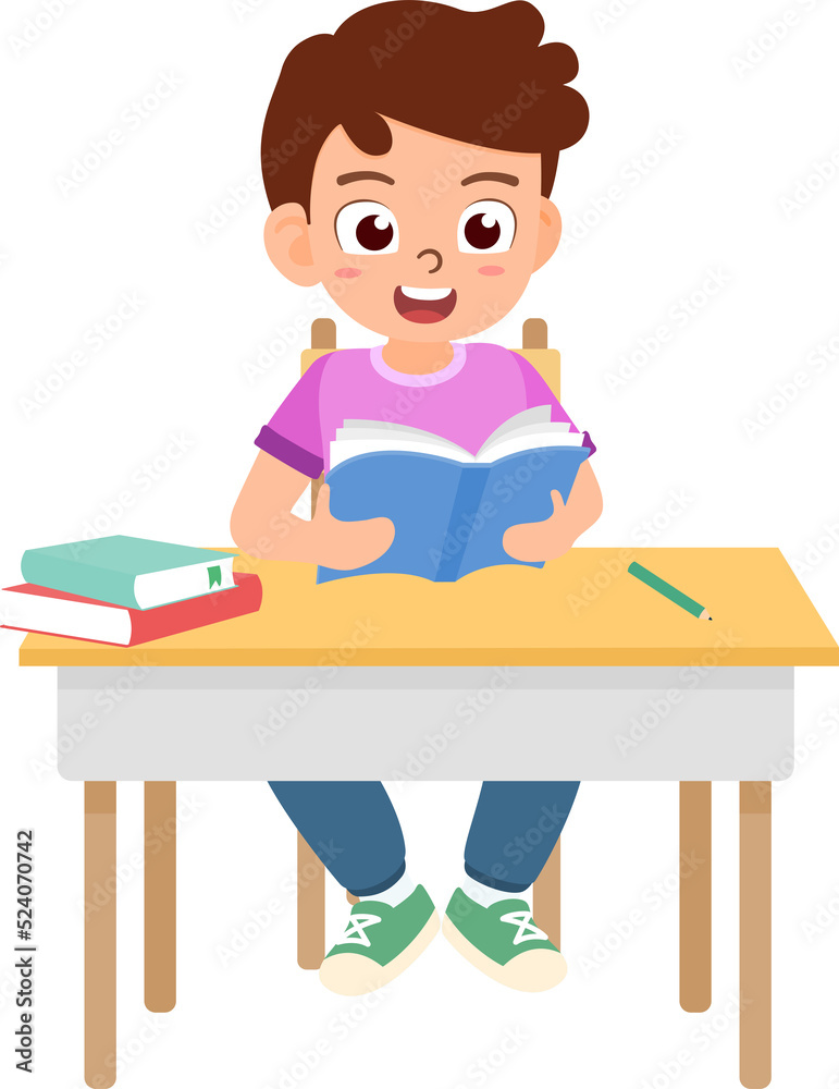 Child reading a book at classroom. School kid student in study and learning class.