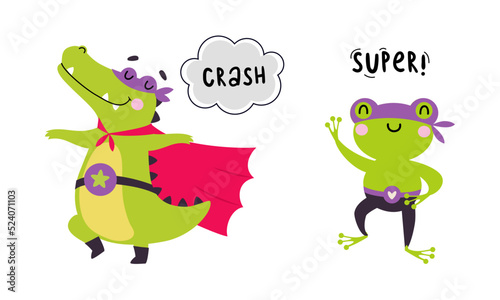 Superhero baby animals in capes and masks set. Cute little crocodile and frog dressed as superheroes cartoon vector illustration
