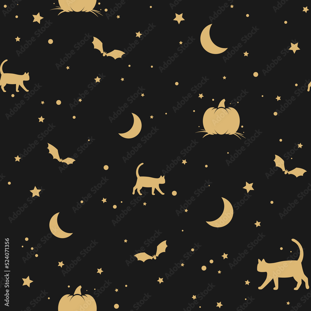 seamless pattern with golden cats, stars, pumpkins and bats on black background. holiday fairy tale ornament