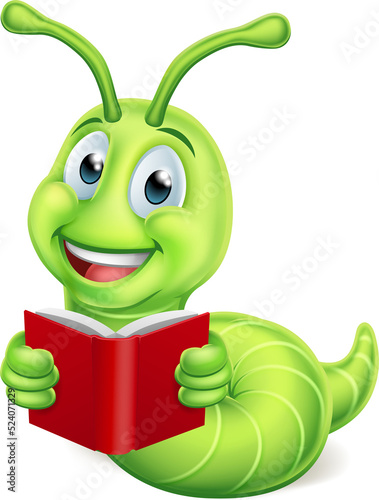 A cute caterpillar bookworm worm cartoon character education mascot reading a book photo