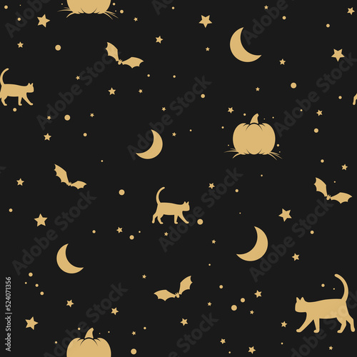 seamless pattern with golden cats, stars, pumpkins and bats on black background. holiday fairy tale ornament