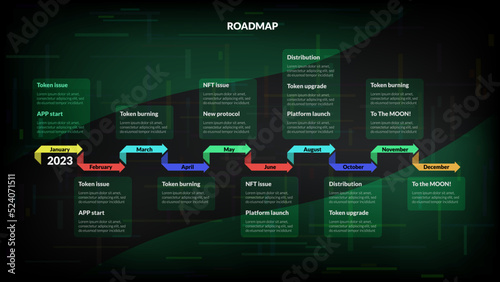 Roadmap with colored arrows and sections on dark green background. Infographic timeline template for business presentation. Vector.