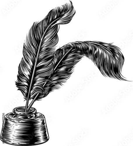 Quill Feather Pens and Inkwell