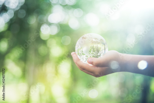 Human hands holding earth sphere crystal or sustainable globe glass with sunlight at green nature background in ecology environment forest. concept of conservation environmental, protection planet.