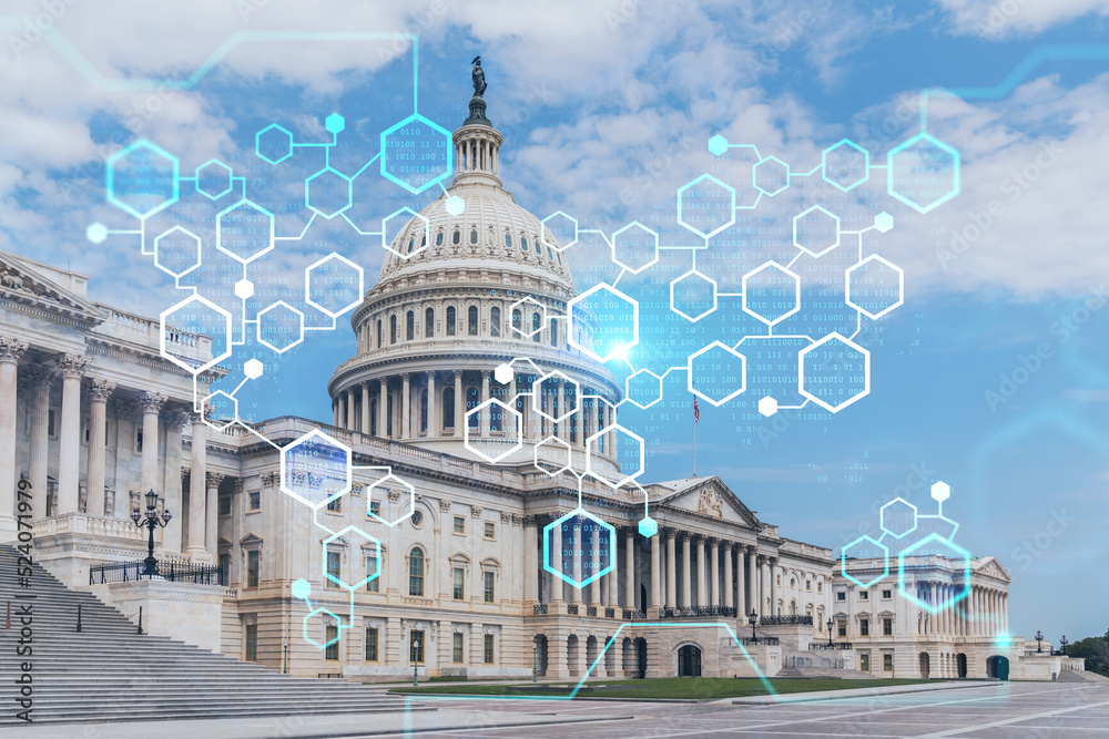 Capitol dome building exterior, Washington DC, USA. Home of Congress and Capitol Hill. American political system. Decentralized economy. Blockchain, cryptography and cryptocurrency concept, hologram