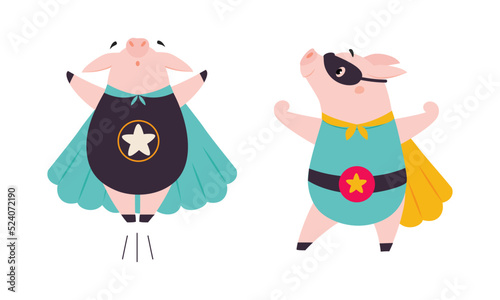 Superhero pig baby animals in capes and masks set. Cute powerful piglets dressed as superheroes cartoon vector illustration