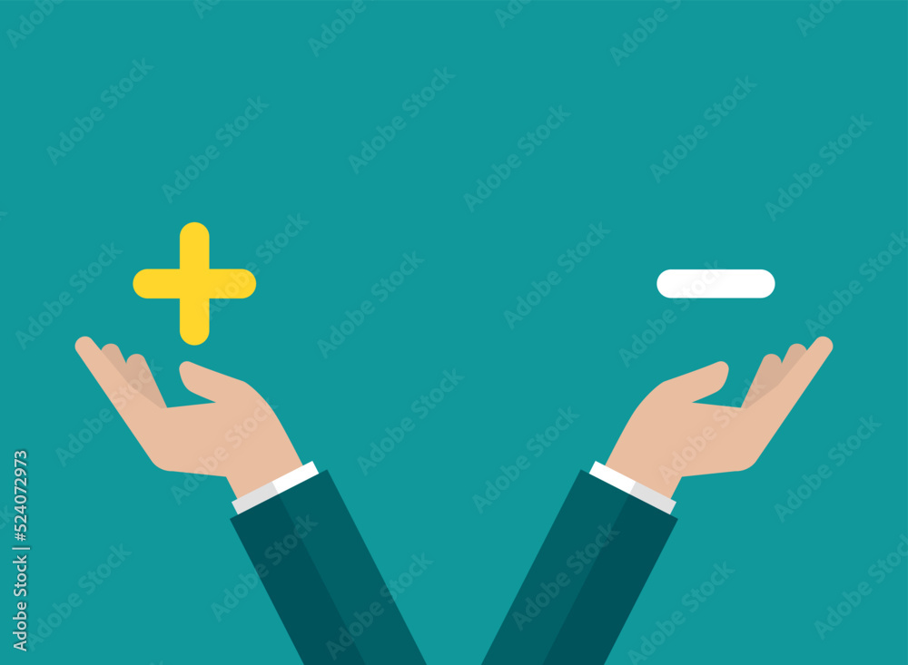 Businessman hand holds plus and minus signs. value, solution and rationality balance. pros and cons scale. Vector illustration on blue background. Businessman hand holds plus and minus signs. value, solution and rationality balance. pros and cons scale. Vector illustration on blue background.