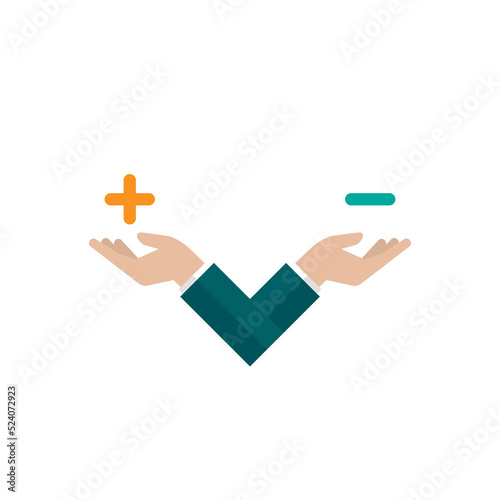 Businessman hand holds plus and minus signs. value, solution and rationality balance. pros and cons scale. Vector illustration