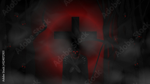 Vector otherworldly night scary poster. The black silhouette of death with red glowing eyes and a scythe. Dark dead forest, cross in a haze