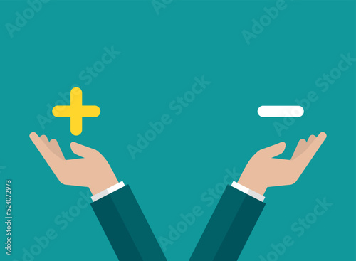 Businessman hand holds plus and minus signs. value, solution and rationality balance. pros and cons scale. Vector illustration on blue background.