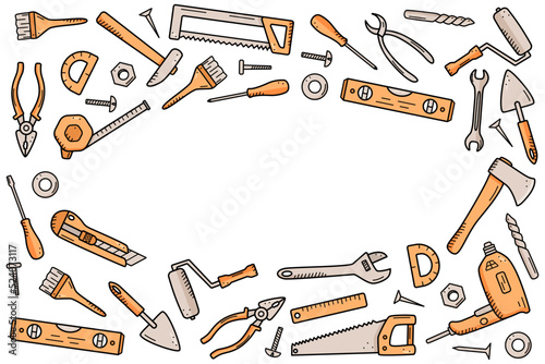Construction tools, doodle vector set of repair elements, cartoon icons.