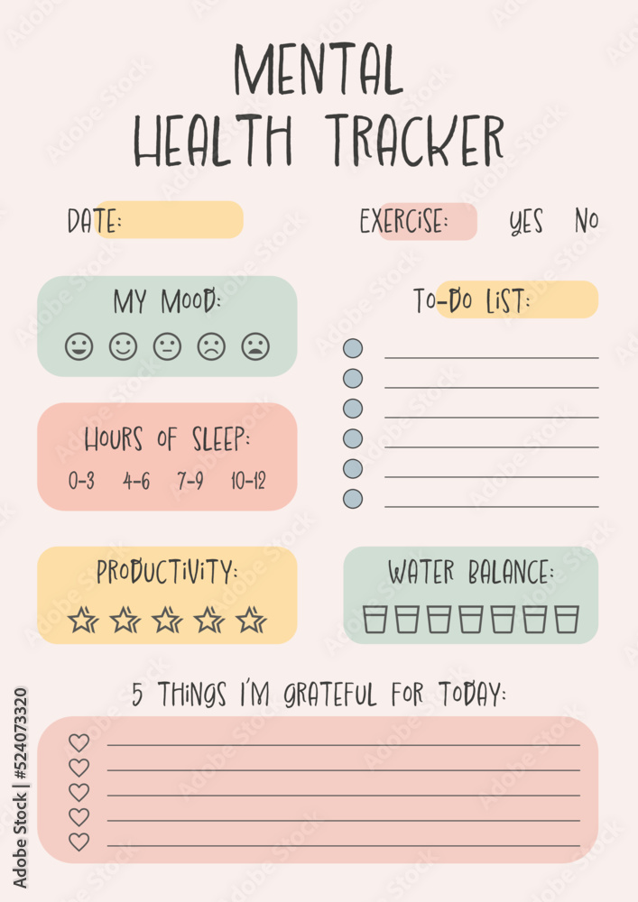 Mental Health Tracker Printable Template Vector Illustration Stock 