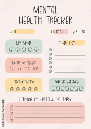 Mental health tracker. Printable template. Vector illustration.