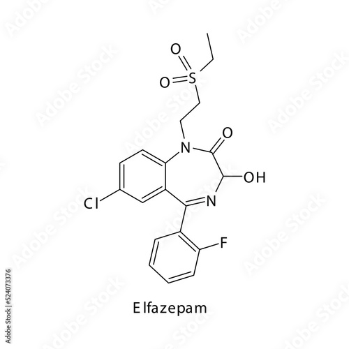 Elfazepam molecule flat skeletal structure, Benzodiazepine class drug used as Sedative, hypnotic agent. Vector illustration on white background.