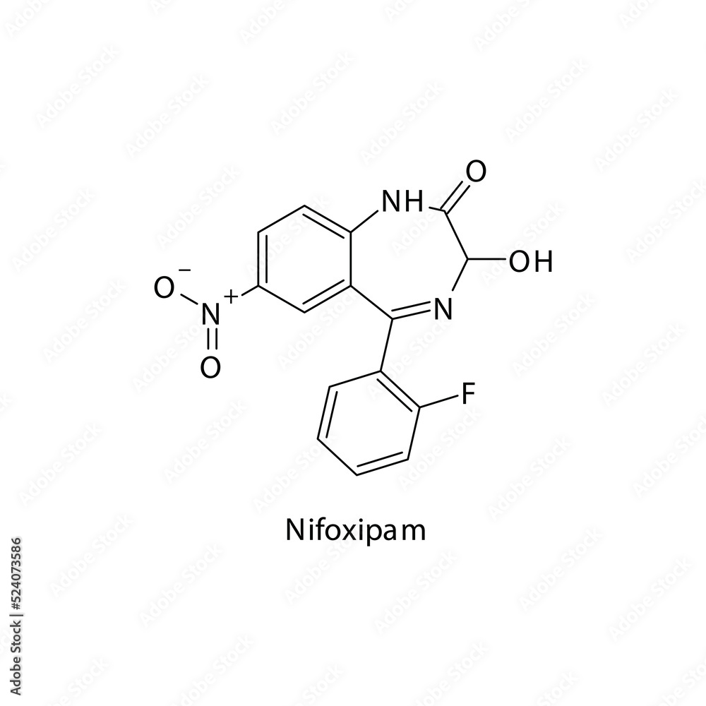 Nifoxipam molecule flat skeletal structure, Benzodiazepine class drug used as Sedative, hypnotic agent. Vector illustration on white background.