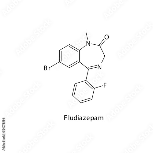 Fludiazepam molecule flat skeletal structure, Benzodiazepine class drug used as Anxiolytic, anticonvulsant, sedative, hypnotic agent. Vector illustration on white background.
