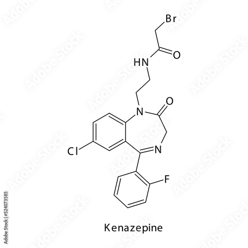 Kenazepine molecule flat skeletal structure, Benzodiazepine class drug used as Sedative, hypnotic agent. Vector illustration on white background.