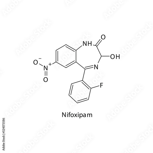 Nifoxipam molecule flat skeletal structure, Benzodiazepine class drug used as Sedative, hypnotic agent. Vector illustration on white background.