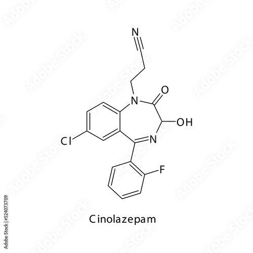 Cinolazepam molecule flat skeletal structure, Benzodiazepine class drug used as Anxiolytic, anticonvulsant, sedative, hypnotic agent. Vector illustration on white background.