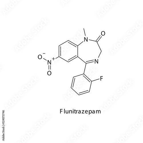 Flunitrazepam molecule flat skeletal structure, Benzodiazepine class drug used as Sedative, hypnotic agent. Vector illustration on white background.