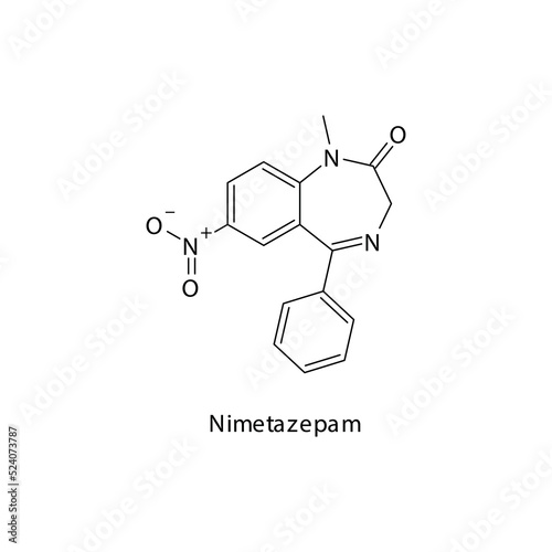 Nimetazepam molecule flat skeletal structure, Benzodiazepine class drug used as Anxiolytic, anticonvulsant, sedative, hypnotic agent. Vector illustration on white background.