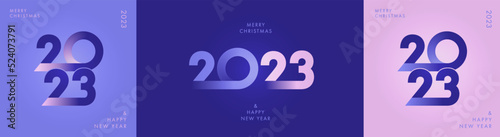 Creative concept of 2023 Happy New Year posters set. Design templates with typography logo 2023 for celebration and season decoration. Minimalistic trendy backgrounds for branding, banner, cover, card