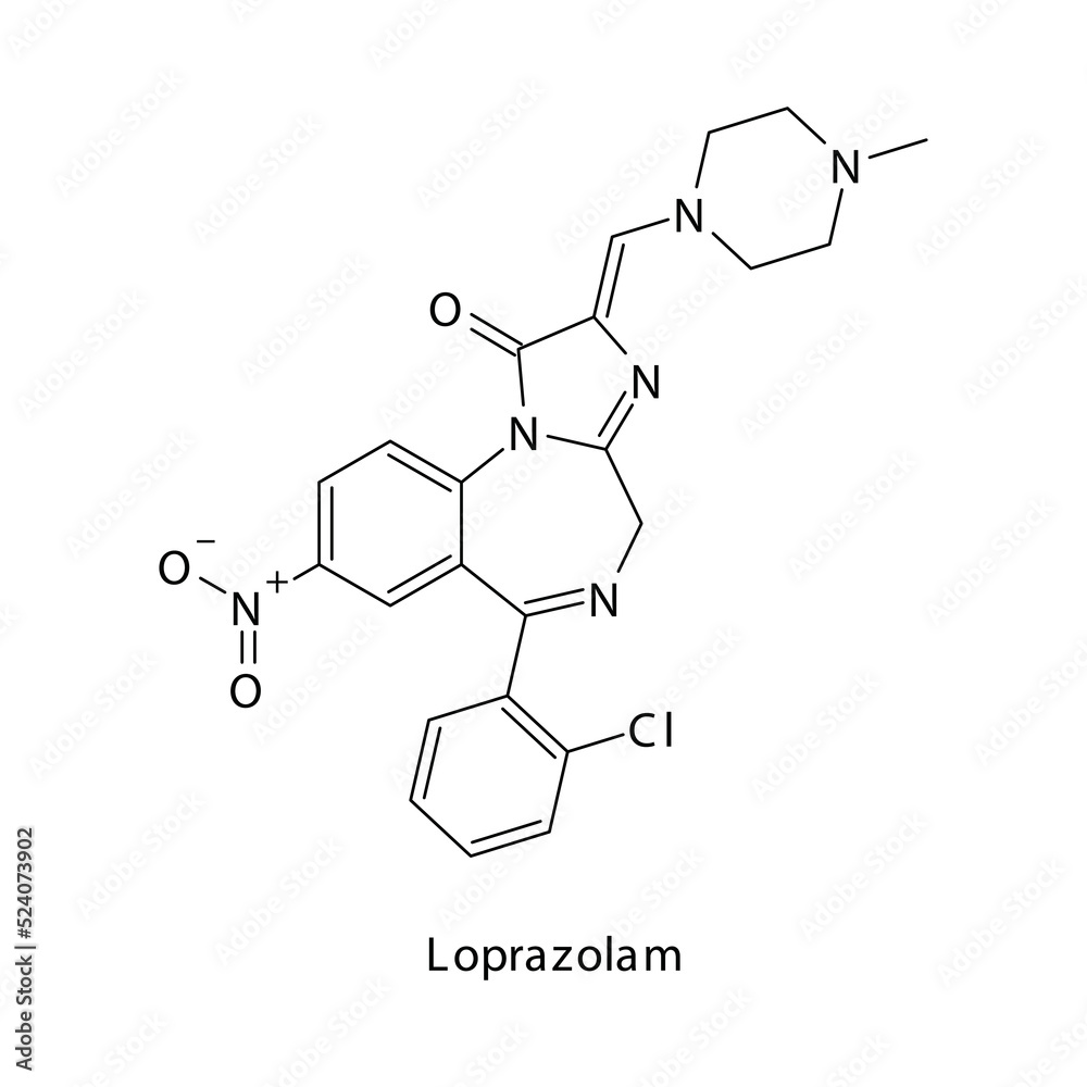 Loprazolam molecule flat skeletal structure, Benzodiazepine class drug used as Anxiolytic, anticonvulsant, sedative, hypnotic agent. Vector illustration on white background.