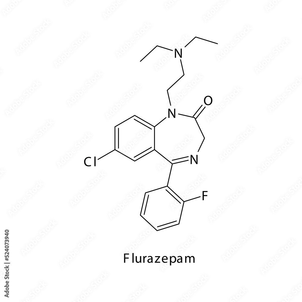 Flurazepam molecule flat skeletal structure, Benzodiazepine class drug used as Anxiolytic, anticonvulsant, sedative, hypnotic agent. Vector illustration on white background. Flurazepam molecule flat skeletal structure, Benzodiazepine class drug used as Anxiolytic, anticonvulsant, sedative, hypnotic agent. Vector illustration on white background.