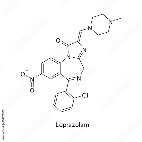 Loprazolam molecule flat skeletal structure, Benzodiazepine class drug used as Anxiolytic, anticonvulsant, sedative, hypnotic agent. Vector illustration on white background.