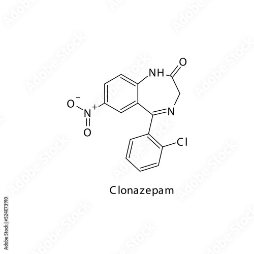 Clonazepam molecule flat skeletal structure, Benzodiazepine class drug used as Anxiolytic, anticonvulsant, sedative, hypnotic agent. Vector illustration on white background. photo