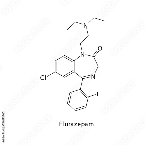 Flurazepam molecule flat skeletal structure, Benzodiazepine class drug used as Anxiolytic, anticonvulsant, sedative, hypnotic agent. Vector illustration on white background.