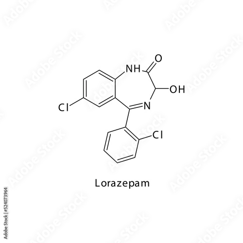 Lorazepam molecule flat skeletal structure, Benzodiazepine class drug used as Sedative, hypnotic agent. Vector illustration on white background.