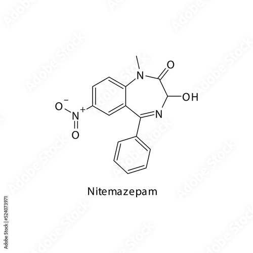 Nitemazepam molecule flat skeletal structure, Benzodiazepine class drug used as Sedative, hypnotic agent. Vector illustration on white background.
